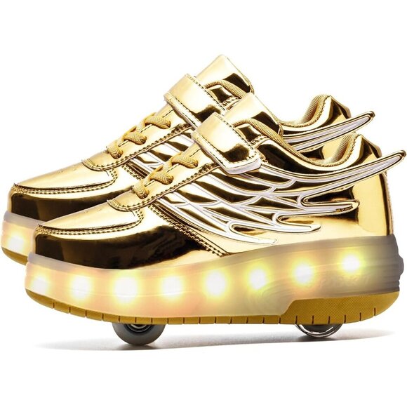Kids Gold Usb Chargeable Led Light Up Wheeled Skate Sneaker Shoes